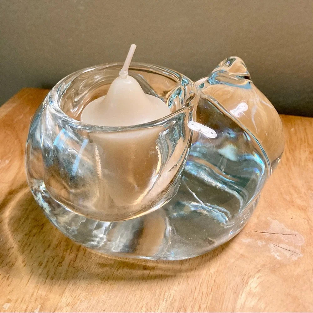 INDIANA GLASS Kitty Cat Glass Votive Candle Holder with Hand Crochet Doily